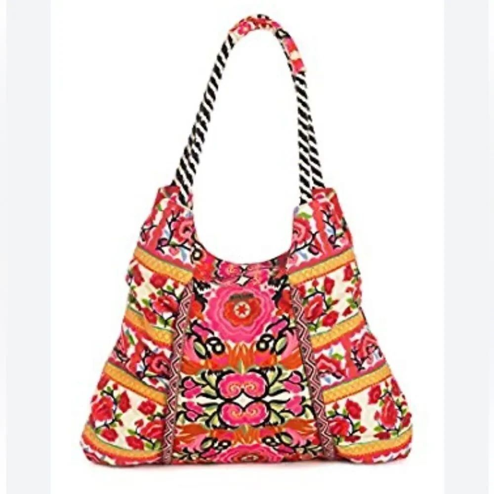 Rip Curl Vibrant Pink Red Embroidered Floral Soft Cotton Canvas Boho Tote Bag